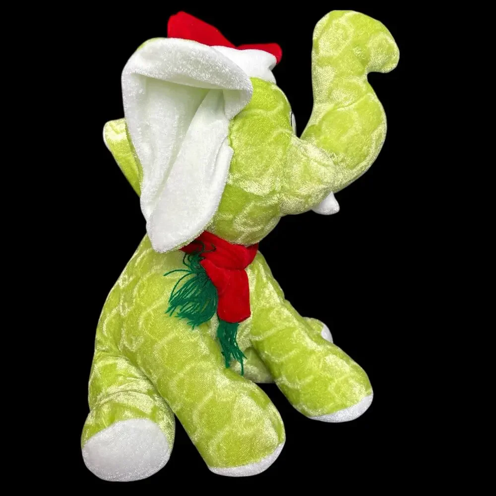 Christmas Elephant Plush Green Red Santa Hat Vintage Stuffed Animal Toy Bright